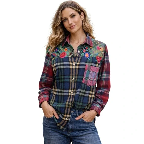 Vintage Patchwork Plaid Embroidered Shirt Cotton Button Up L Boho Western - Picture 2 of 8